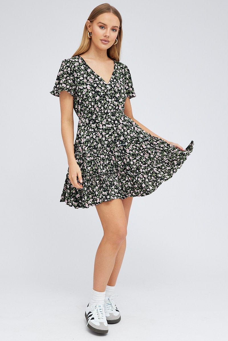 Black Floral Fit And Flare Dress Short Sleeve Mini for Ally Fashion