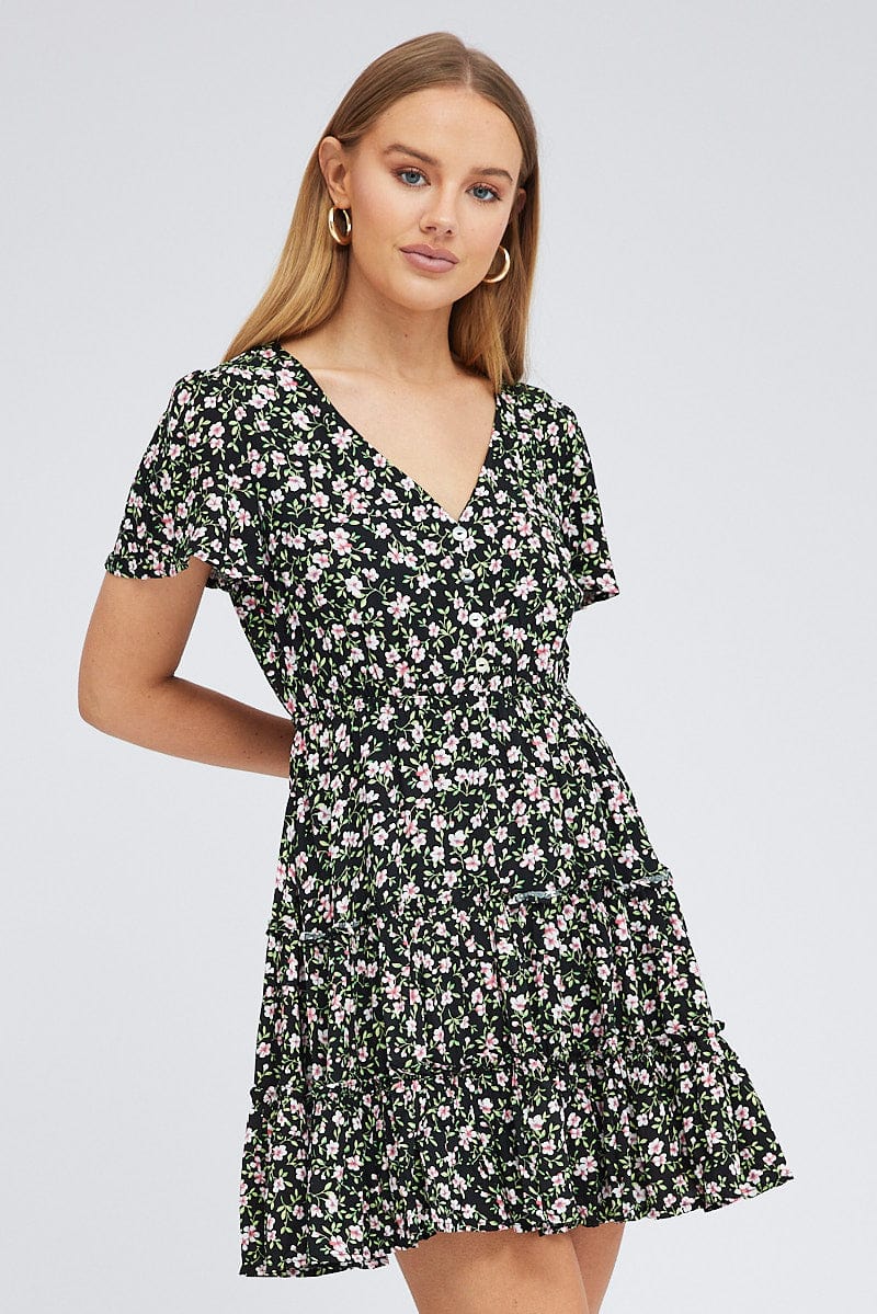 Black Floral Fit And Flare Dress Short Sleeve Mini for Ally Fashion