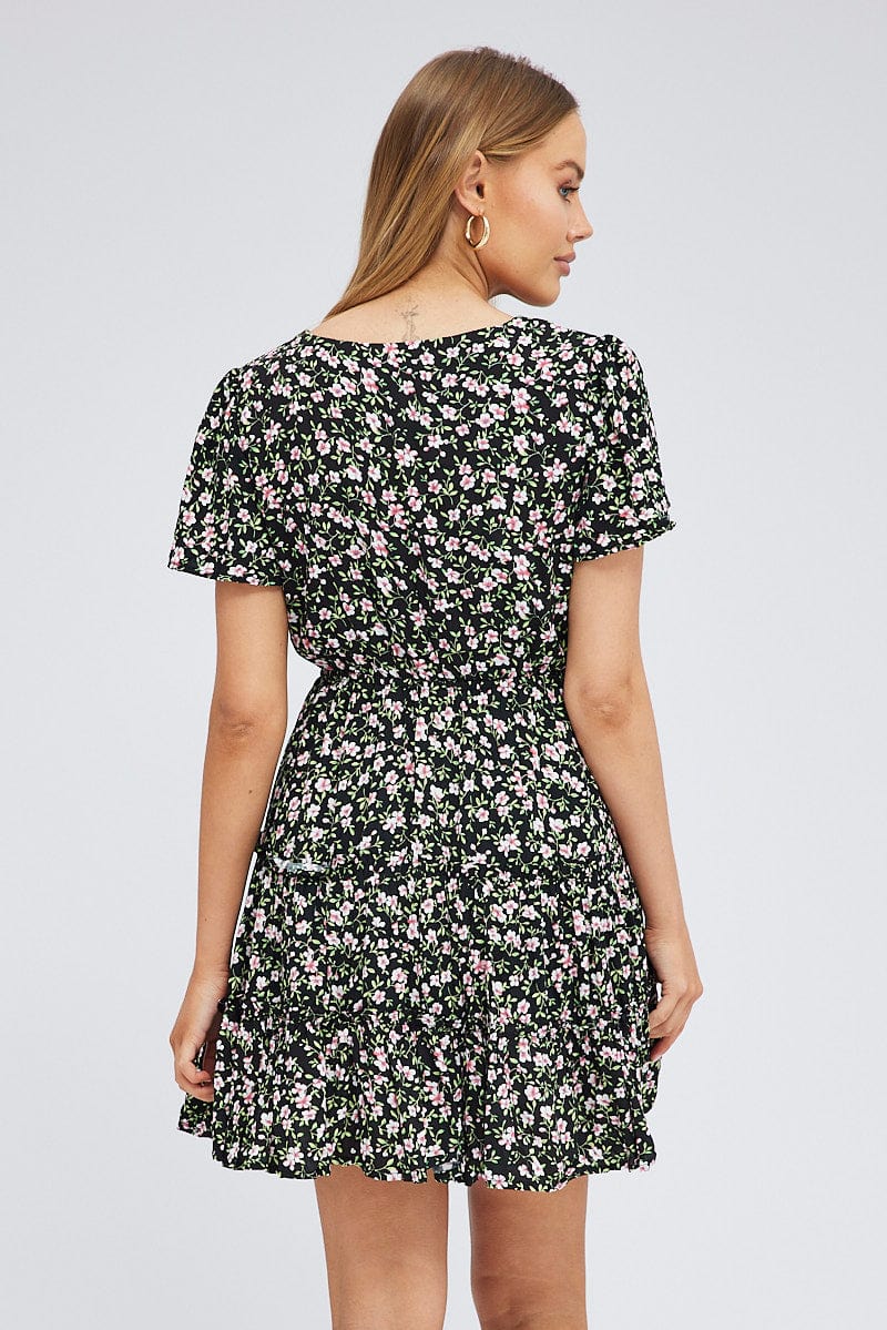 Black Floral Fit And Flare Dress Short Sleeve Mini for Ally Fashion