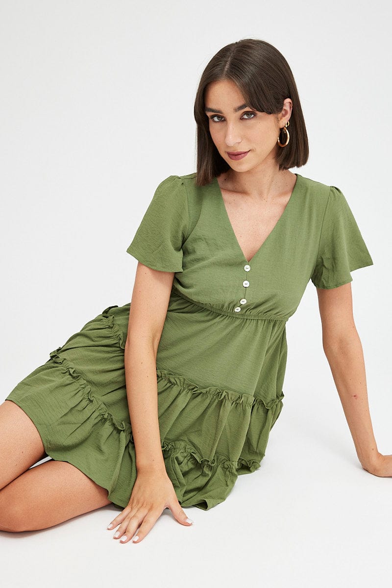 Green Fit And Flare Dress Short Sleeve Mini for Ally Fashion