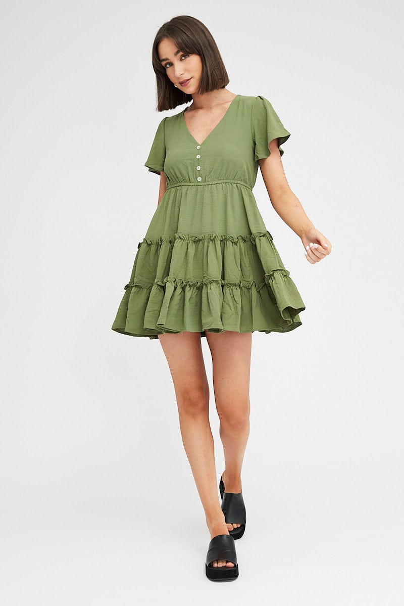 Green Fit And Flare Dress Short Sleeve Mini for Ally Fashion