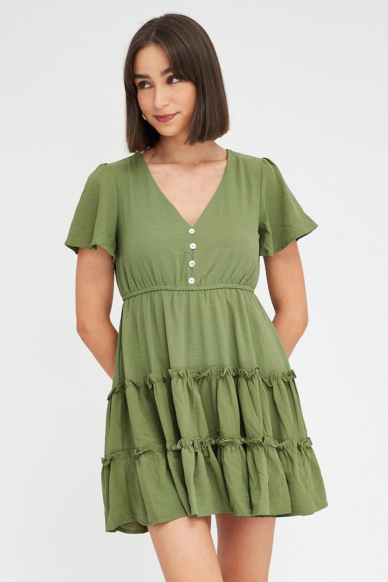 Green Fit And Flare Dress Short Sleeve Mini for Ally Fashion