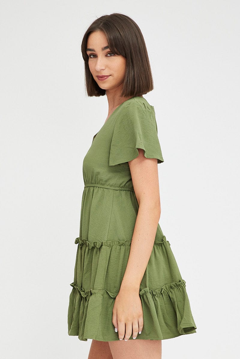 Green Fit And Flare Dress Short Sleeve Mini for Ally Fashion