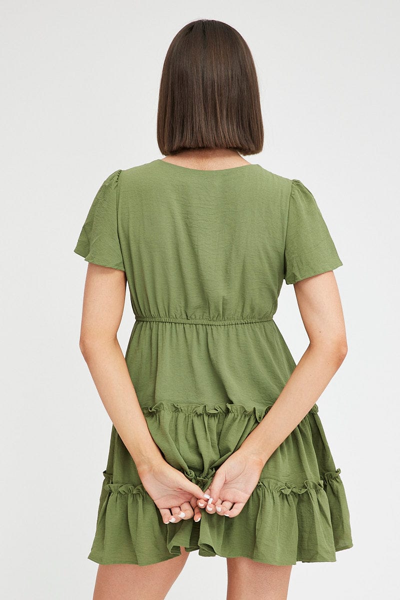 Green Fit And Flare Dress Short Sleeve Mini for Ally Fashion