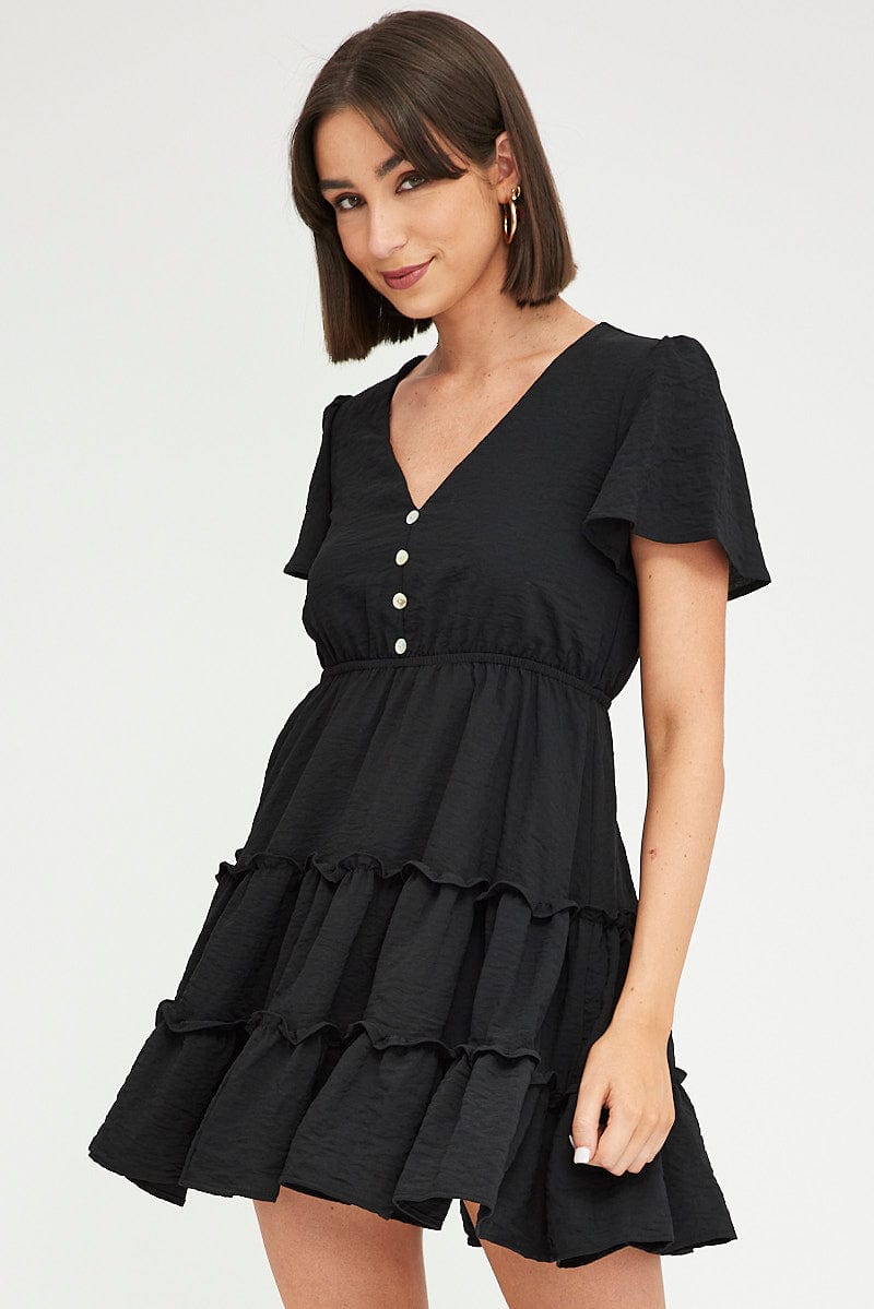 Black Fit And Flare Dress Short Sleeve Mini for Ally Fashion