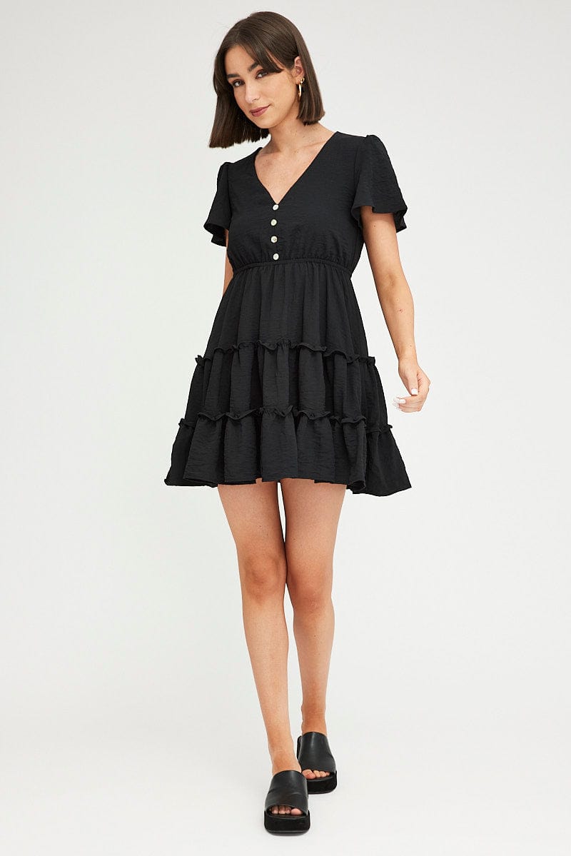 Black Fit And Flare Dress Short Sleeve Mini for Ally Fashion