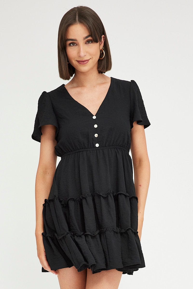 Black Fit And Flare Dress Short Sleeve Mini for Ally Fashion