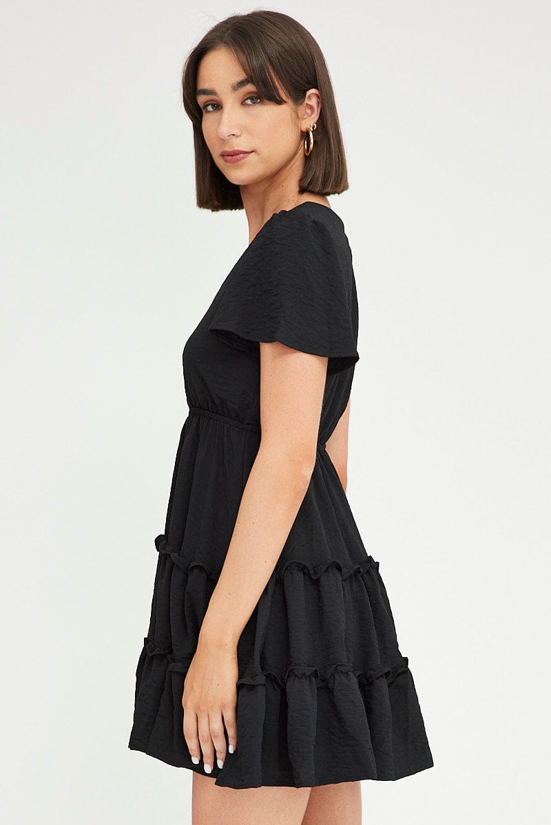 Black Fit And Flare Dress Short Sleeve Mini for Ally Fashion