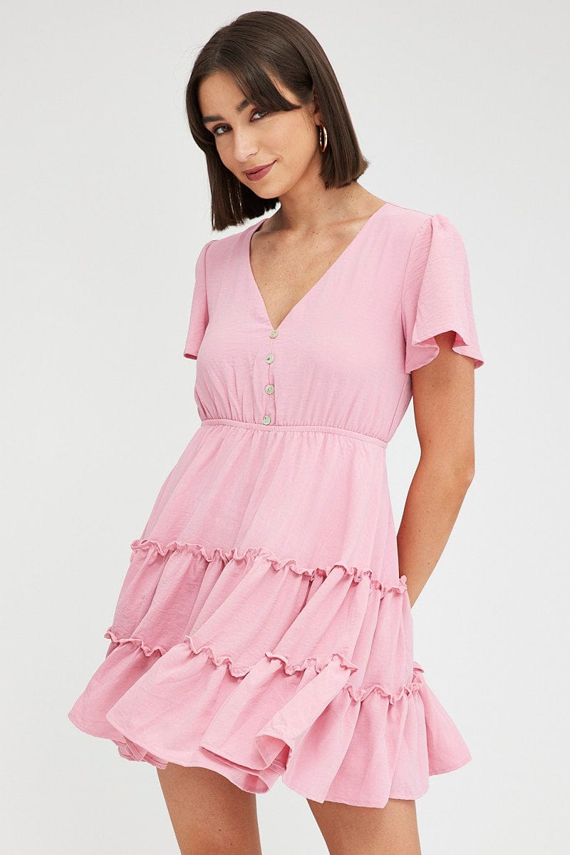 Pink Fit And Flare Dress Short Sleeve Mini for Ally Fashion