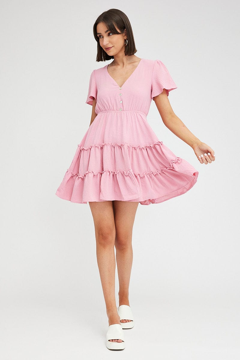 Pink Fit And Flare Dress Short Sleeve Mini for Ally Fashion