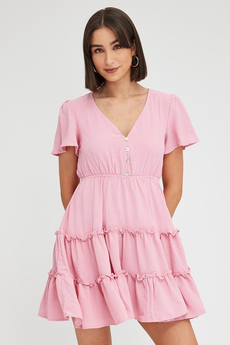 Pink Fit And Flare Dress Short Sleeve Mini for Ally Fashion