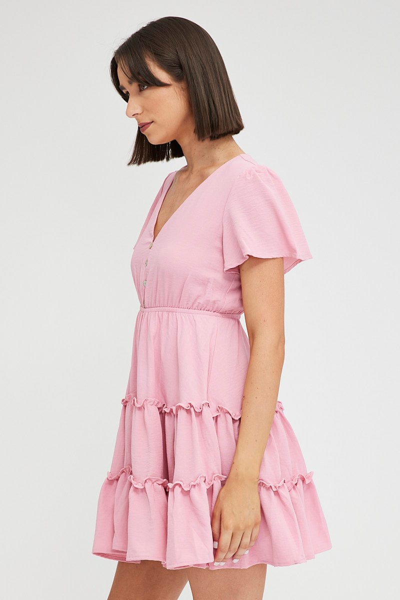 Pink Fit And Flare Dress Short Sleeve Mini for Ally Fashion