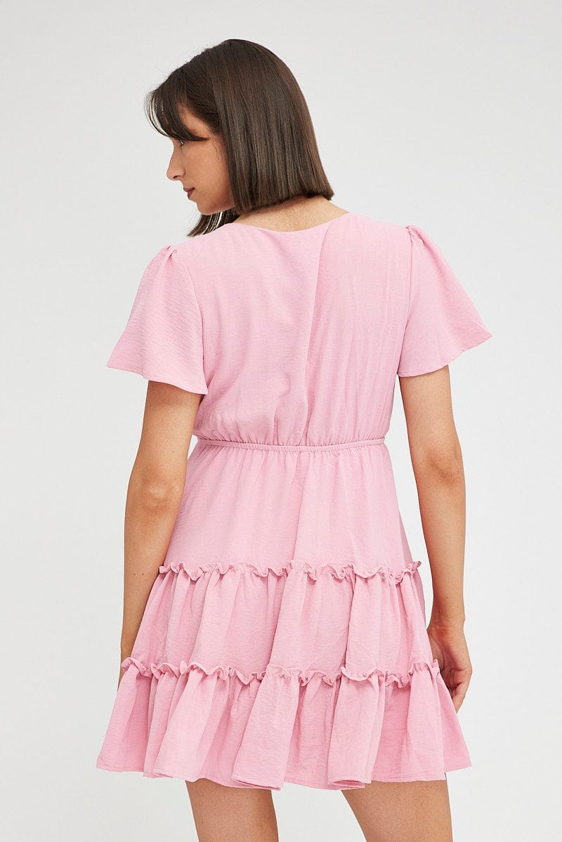 Pink Fit And Flare Dress Short Sleeve Mini for Ally Fashion