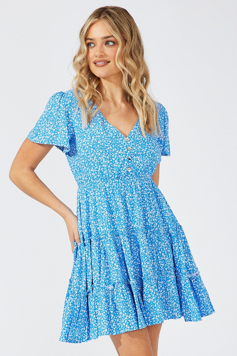 Blue Ditsy Fit And Flare Dress V-neck Mini for Ally Fashion