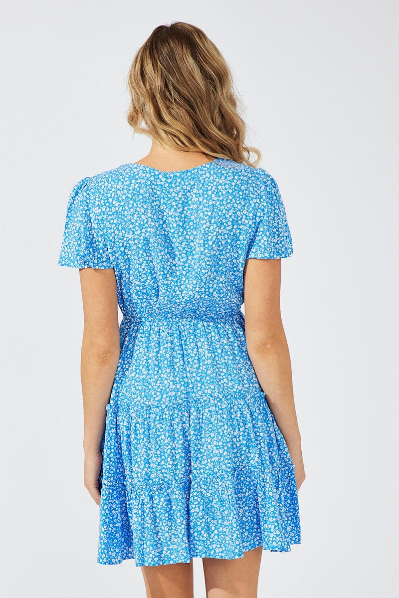 Blue Ditsy Fit And Flare Dress V-neck Mini for Ally Fashion