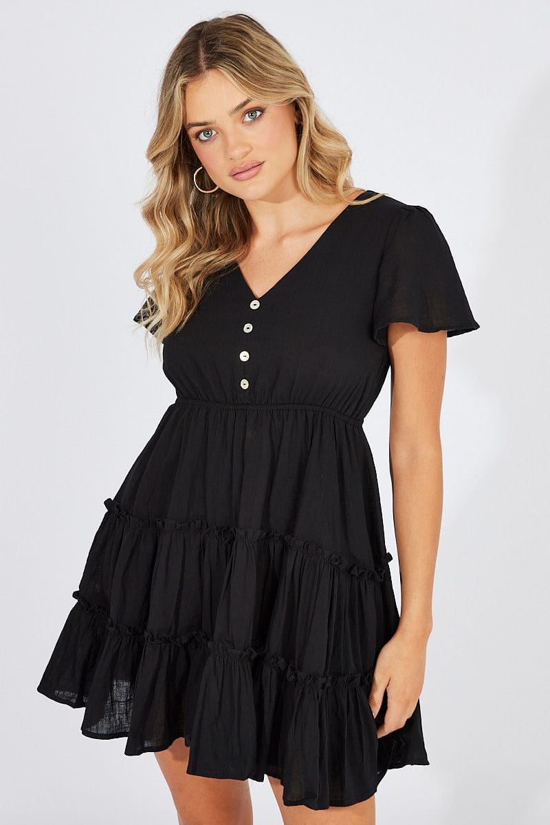 Black Fit And Flare Dress V-neck Mini for Ally Fashion