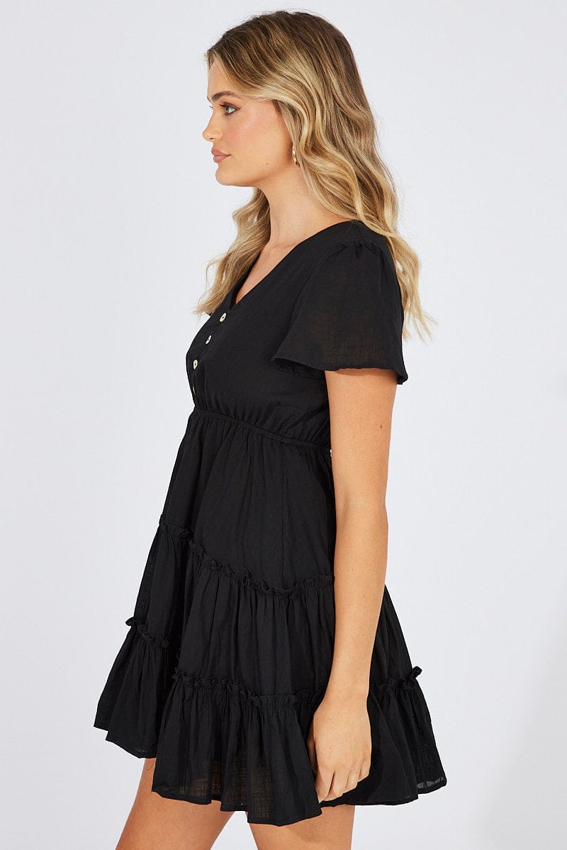 Black Fit And Flare Dress V-neck Mini for Ally Fashion