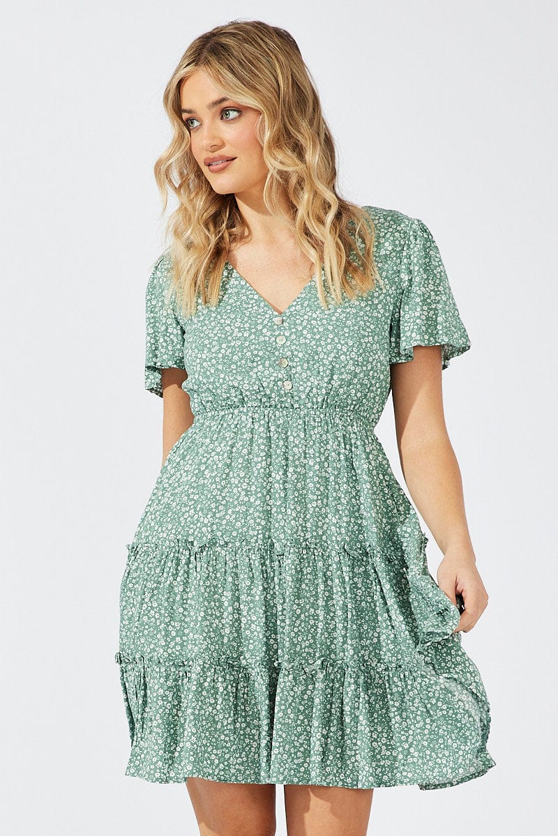 Green Ditsy Fit And Flare Dress V-neck Mini for Ally Fashion