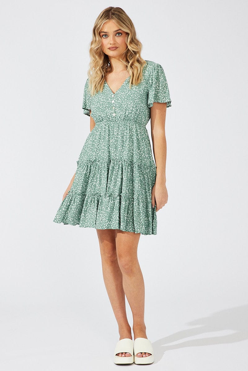 Green Ditsy Fit And Flare Dress V-neck Mini for Ally Fashion