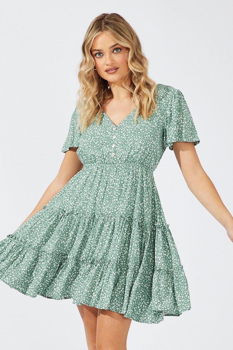 Green Ditsy Fit And Flare Dress V-neck Mini for Ally Fashion