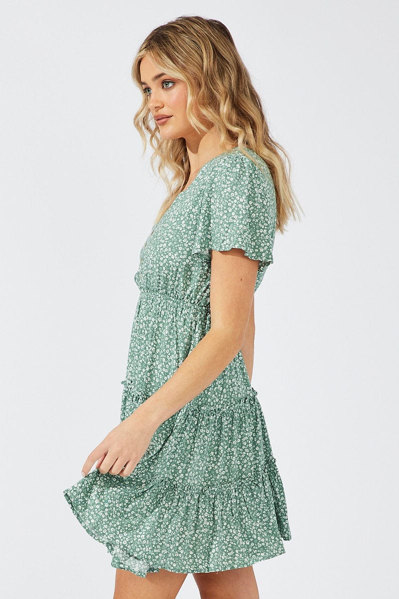 Green Ditsy Fit And Flare Dress V-neck Mini for Ally Fashion