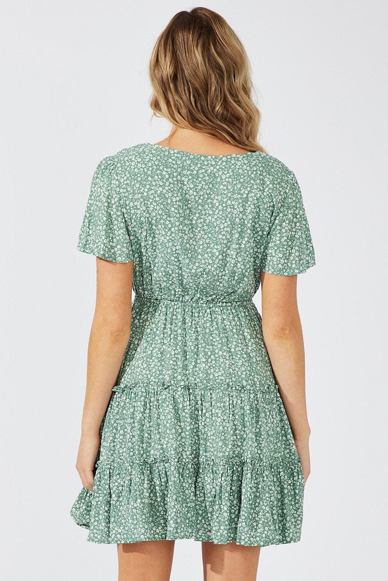 Green Ditsy Fit And Flare Dress V-neck Mini for Ally Fashion