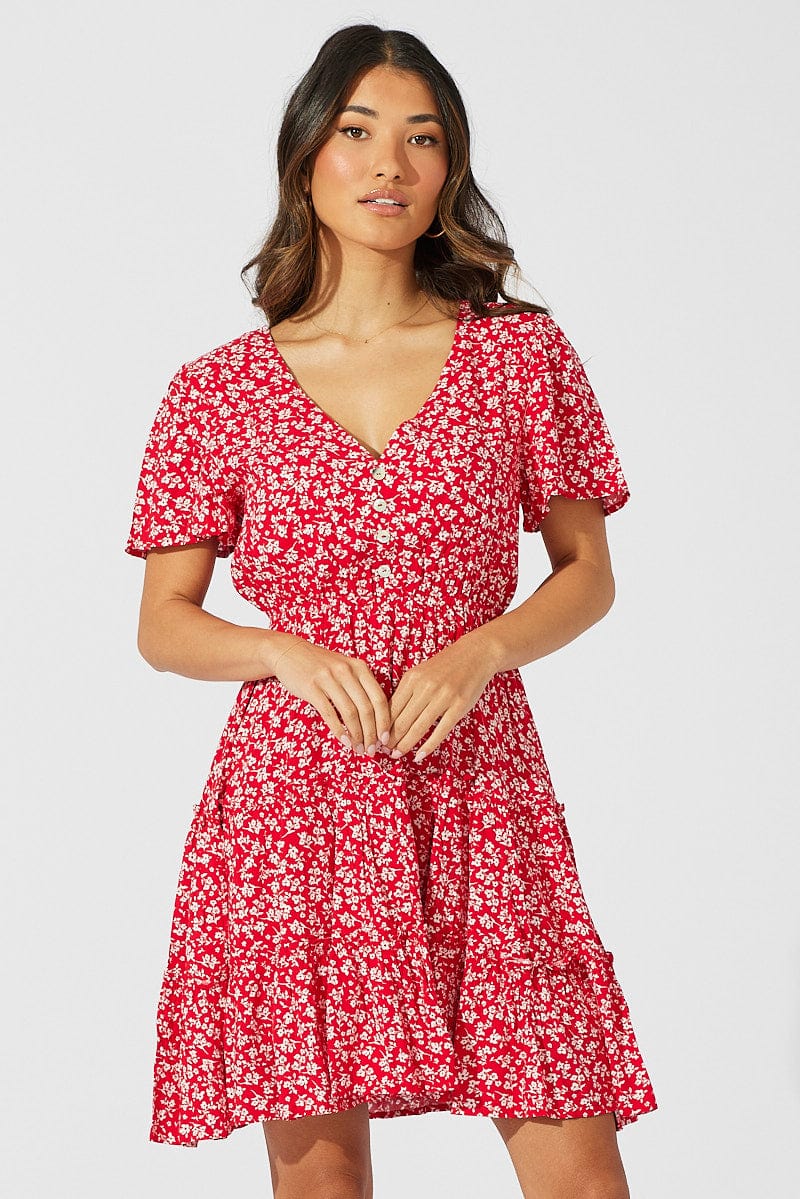 Red Ditsy Fit And Flare Dress V-neck Mini for Ally Fashion