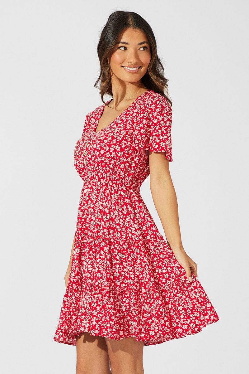 Red Ditsy Fit And Flare Dress V-neck Mini for Ally Fashion