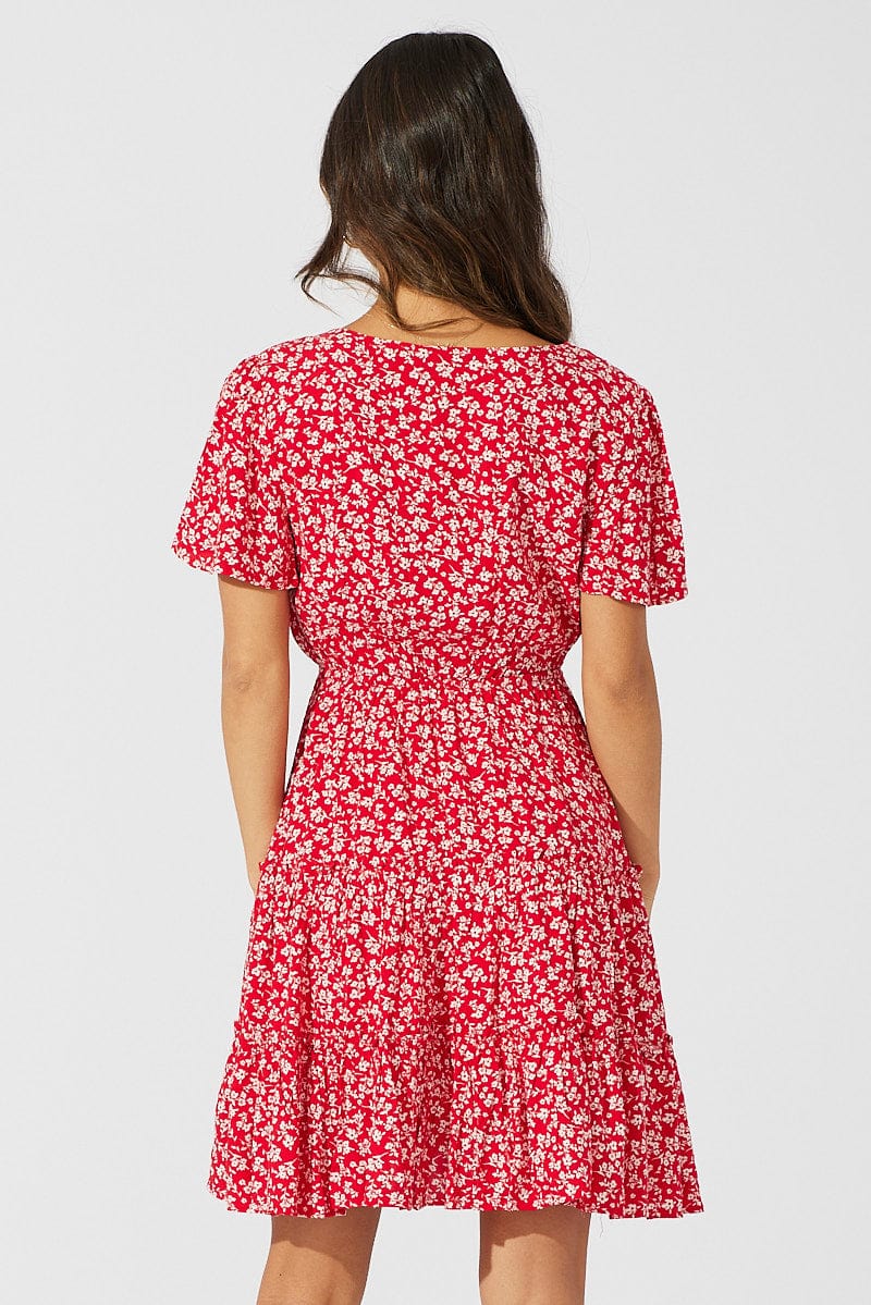 Red Ditsy Fit And Flare Dress V-neck Mini for Ally Fashion