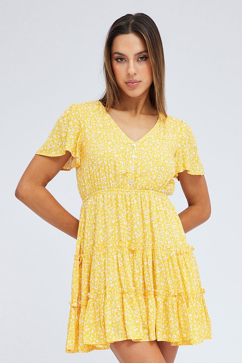 Yellow Ditsy Fit And Flare Dress Short Sleeve Mini for Ally Fashion