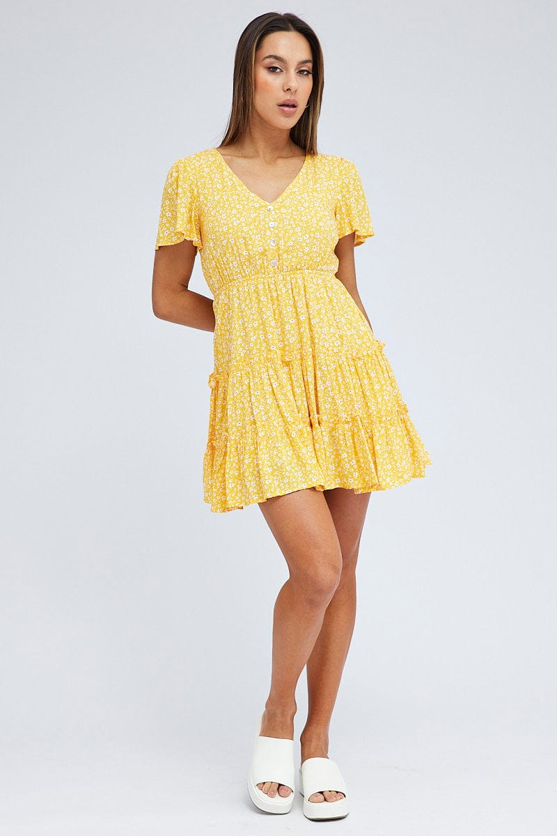 Yellow Ditsy Fit And Flare Dress Short Sleeve Mini for Ally Fashion