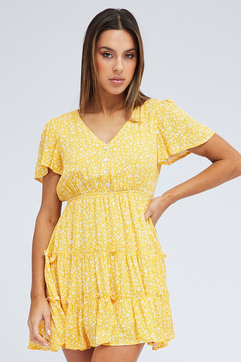 Yellow Ditsy Fit And Flare Dress Short Sleeve Mini for Ally Fashion