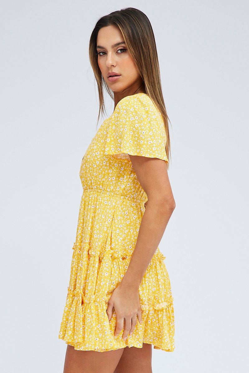 Yellow Ditsy Fit And Flare Dress Short Sleeve Mini for Ally Fashion