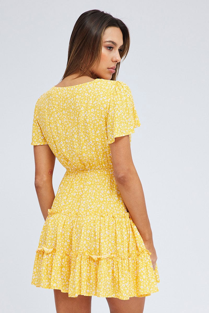 Yellow Ditsy Fit And Flare Dress Short Sleeve Mini for Ally Fashion