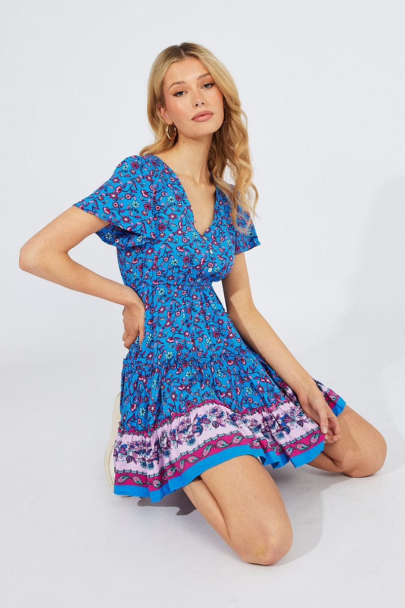 Blue Boho Fit And Flare Dress V-neck Mini for Ally Fashion