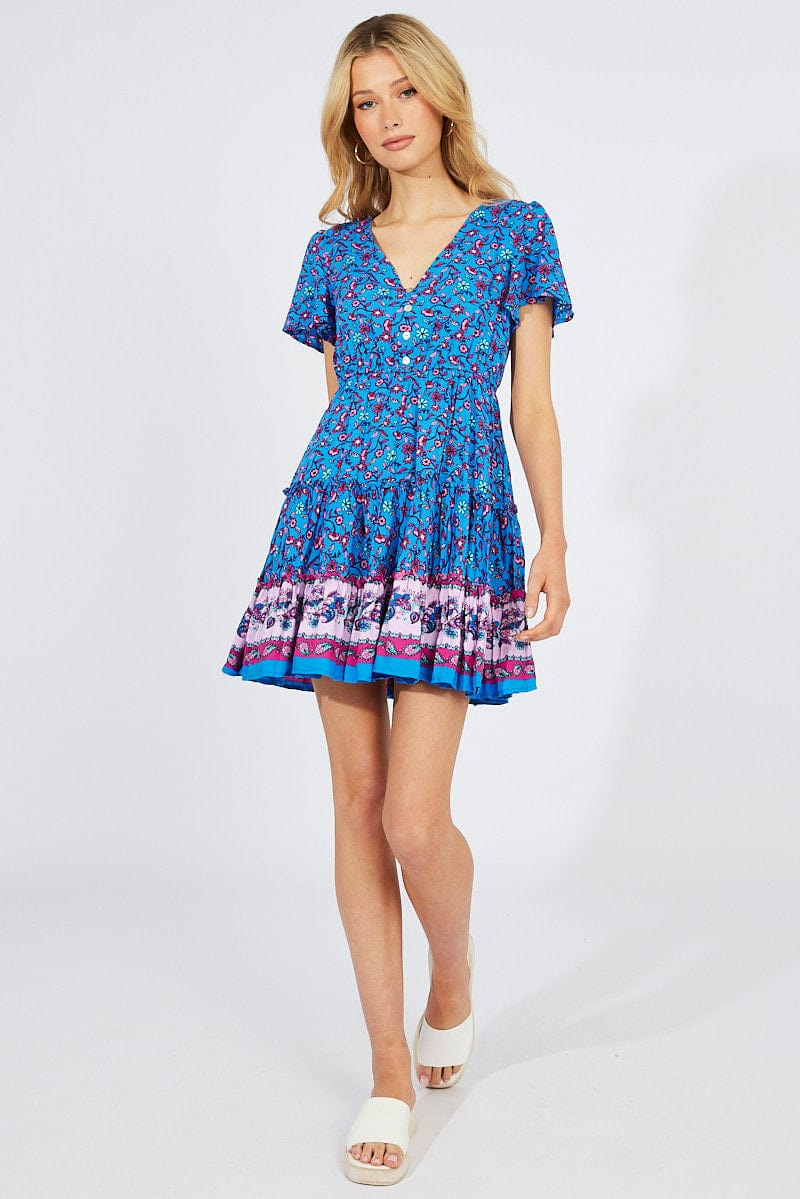 Blue Boho Fit And Flare Dress V-neck Mini for Ally Fashion