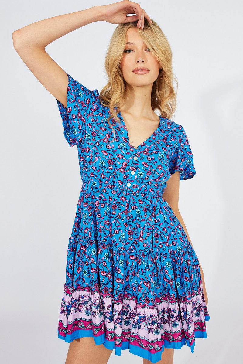 Blue Boho Fit And Flare Dress V-neck Mini for Ally Fashion