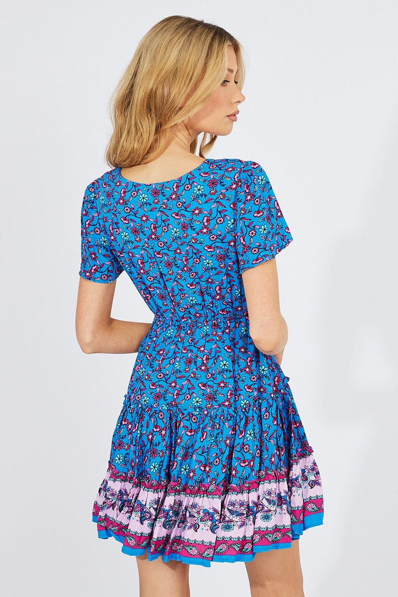 Blue Boho Fit And Flare Dress V-neck Mini for Ally Fashion