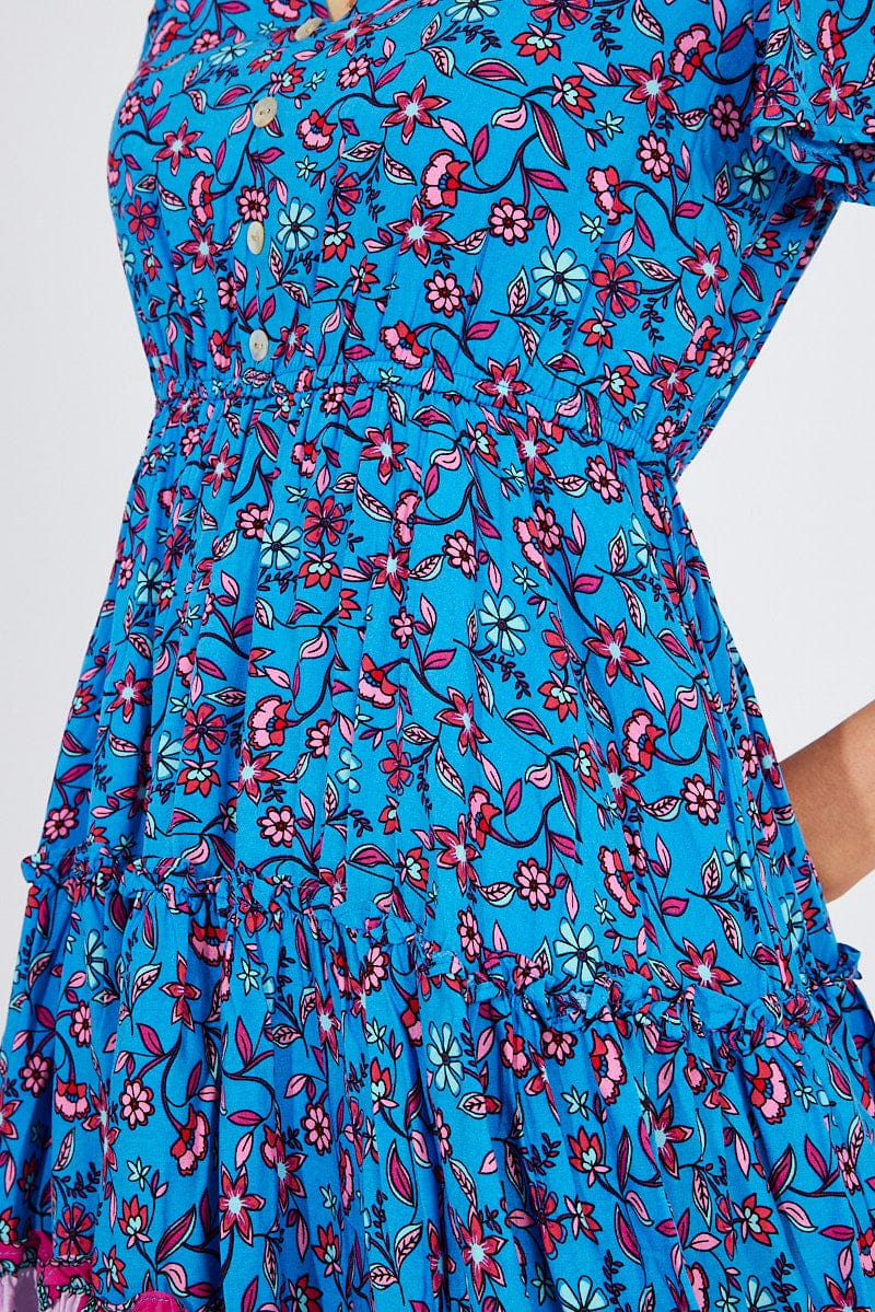 Blue Boho Fit And Flare Dress V-neck Mini for Ally Fashion