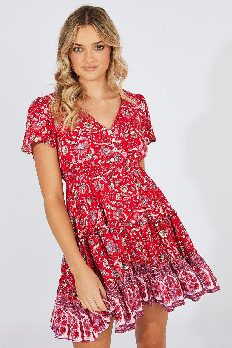 Red Boho Fit And Flare Dress V-neck Mini for Ally Fashion