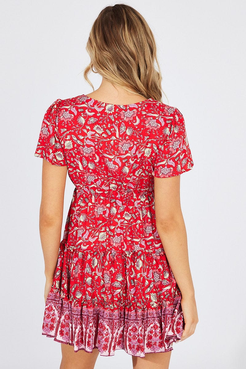 Red Boho Fit And Flare Dress V-neck Mini for Ally Fashion