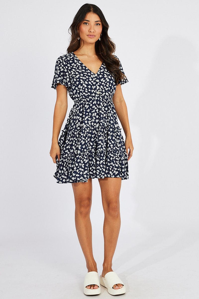 Blue Ditsy Fit And Flare Dress V-neck Mini for Ally Fashion