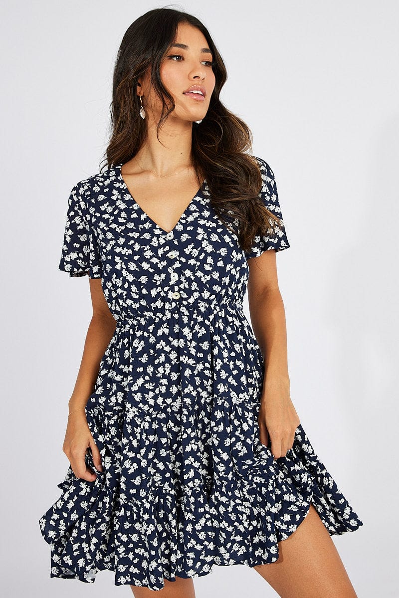 Blue Ditsy Fit And Flare Dress V-neck Mini for Ally Fashion