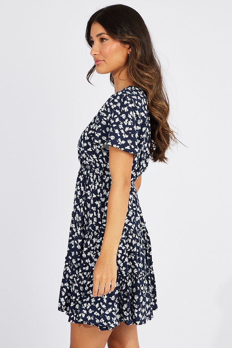 Blue Ditsy Fit And Flare Dress V-neck Mini for Ally Fashion