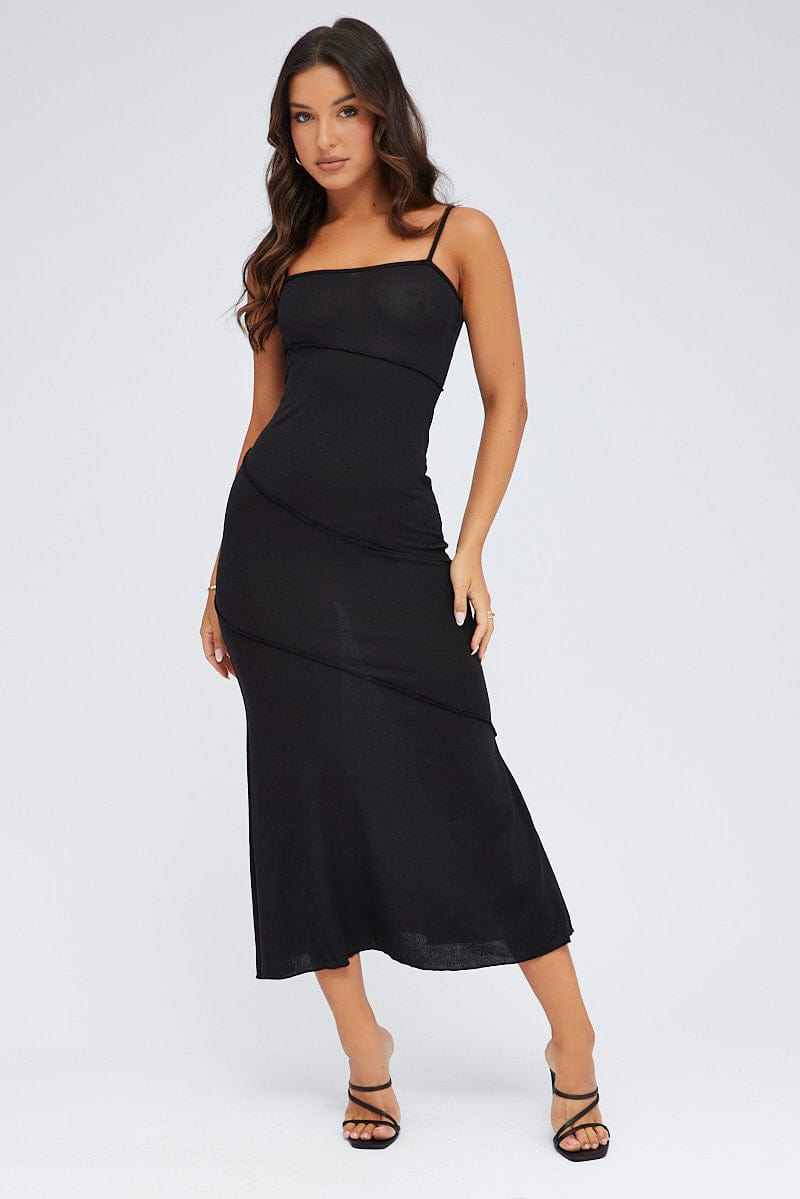 Black Midi Dress Square Neck Jersey for Ally Fashion