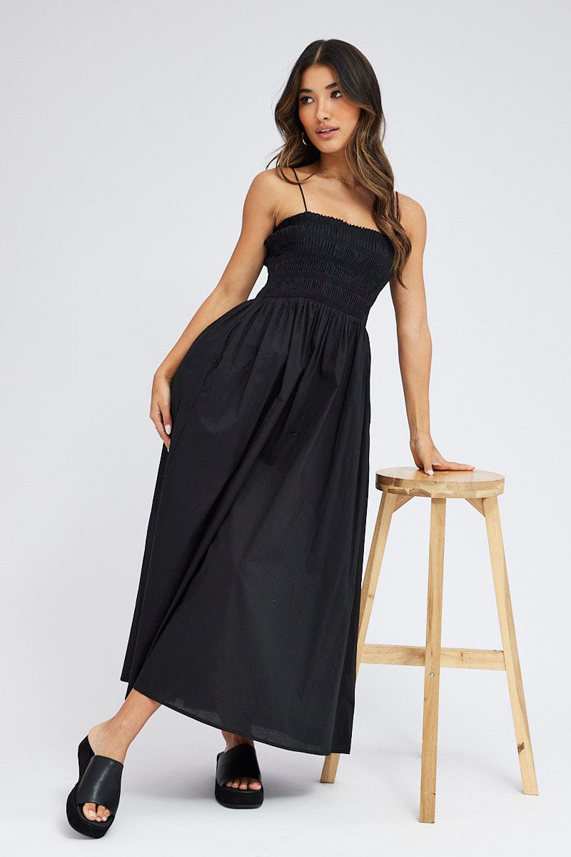 Black Maxi Dress Shirred Bust Poplin for Ally Fashion