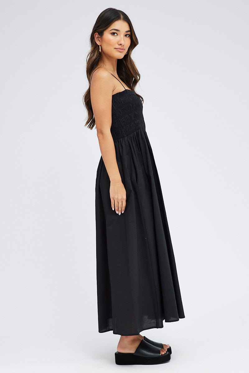Black Maxi Dress Shirred Bust Poplin for Ally Fashion