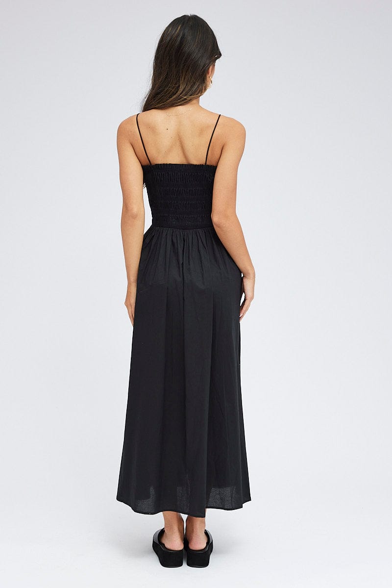 Black Maxi Dress Shirred Bust Poplin for Ally Fashion