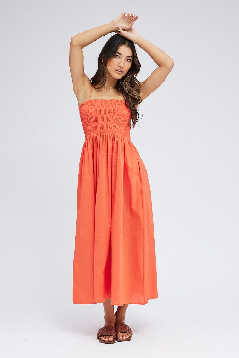 Orange Maxi Dress Shirred Bust Poplin for Ally Fashion