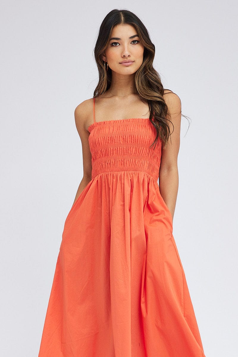 Orange Maxi Dress Shirred Bust Poplin for Ally Fashion